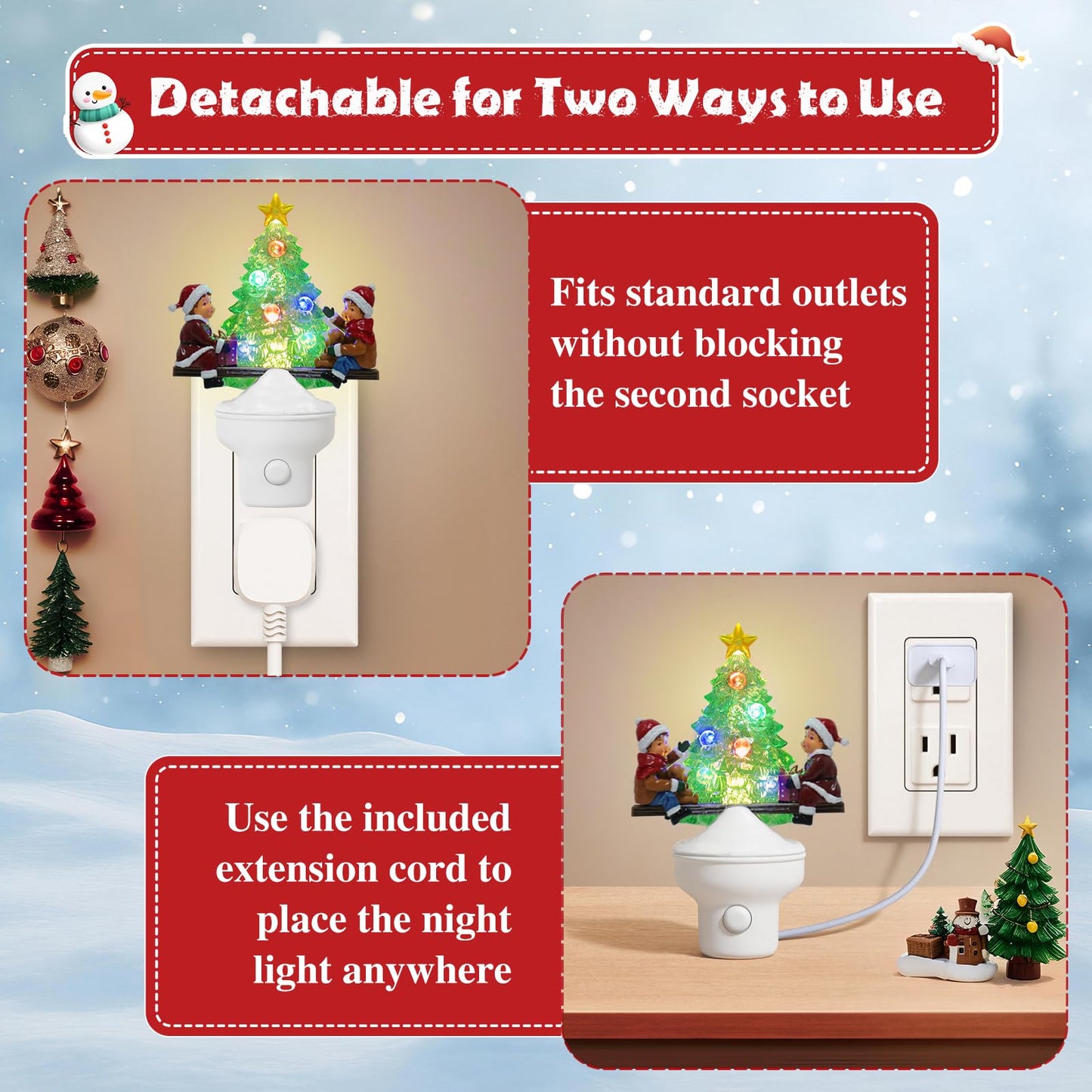 Christmas Night Lights Plug into Wall Christmas Tree Nightlights with USB/Outlet Options, Xmas Tree Night Lights Decorative for Bedroom Living Room Kitchen Nursery Holiday Decorations Gifts (Seesaw)