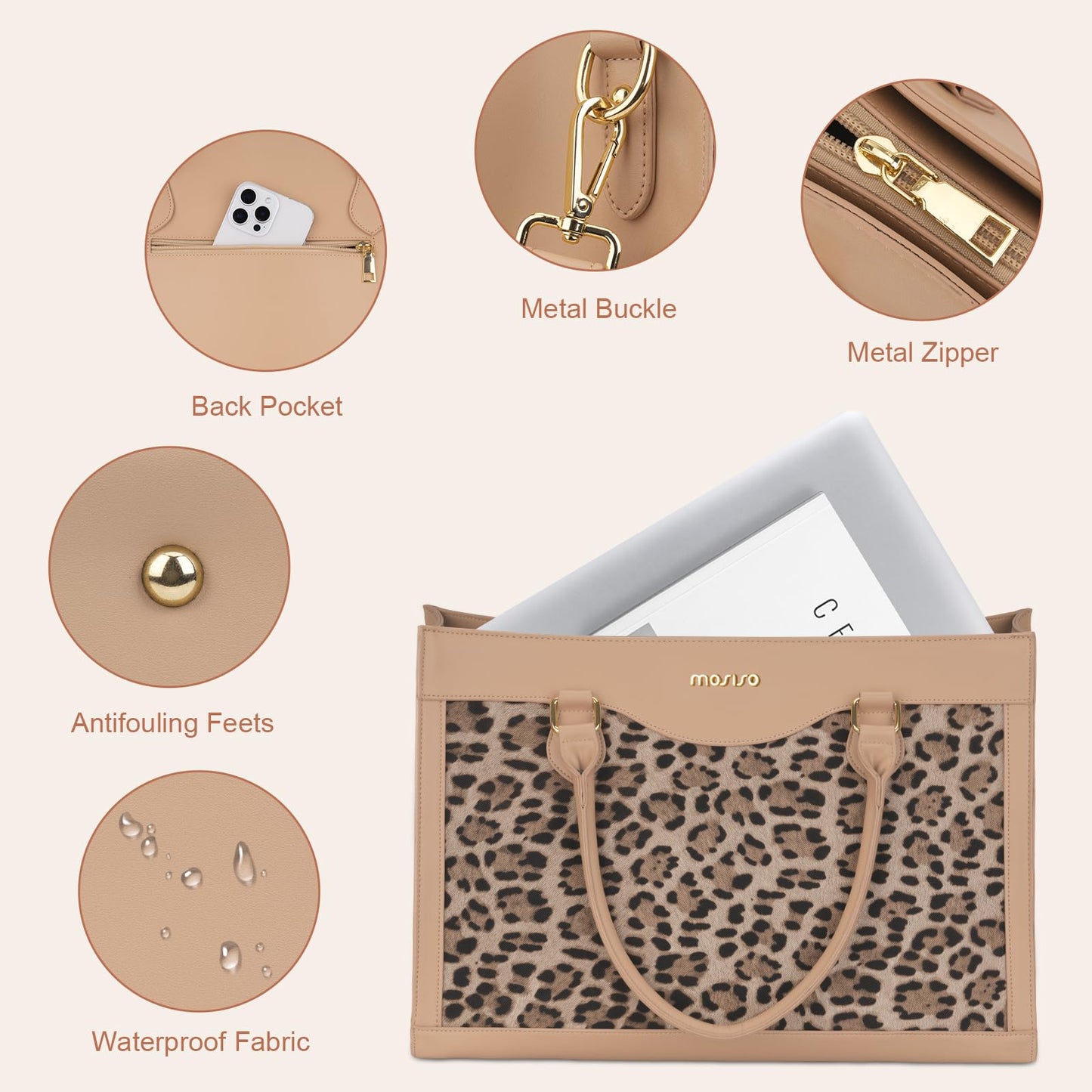 MOSISO Laptop Tote Bag with Large Capacity, 15.6 inch PU Leather Leopard Grain Laptop Bag for Women & Clutch Purse, Waterproof Computer Bags Work Briefcase for Business Teacher Office College, Apricot
