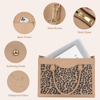 MOSISO Laptop Tote Bag with Large Capacity, 15.6 inch PU Leather Leopard Grain Laptop Bag for Women & Clutch Purse, Waterproof Computer Bags Work Briefcase for Business Teacher Office College, Apricot