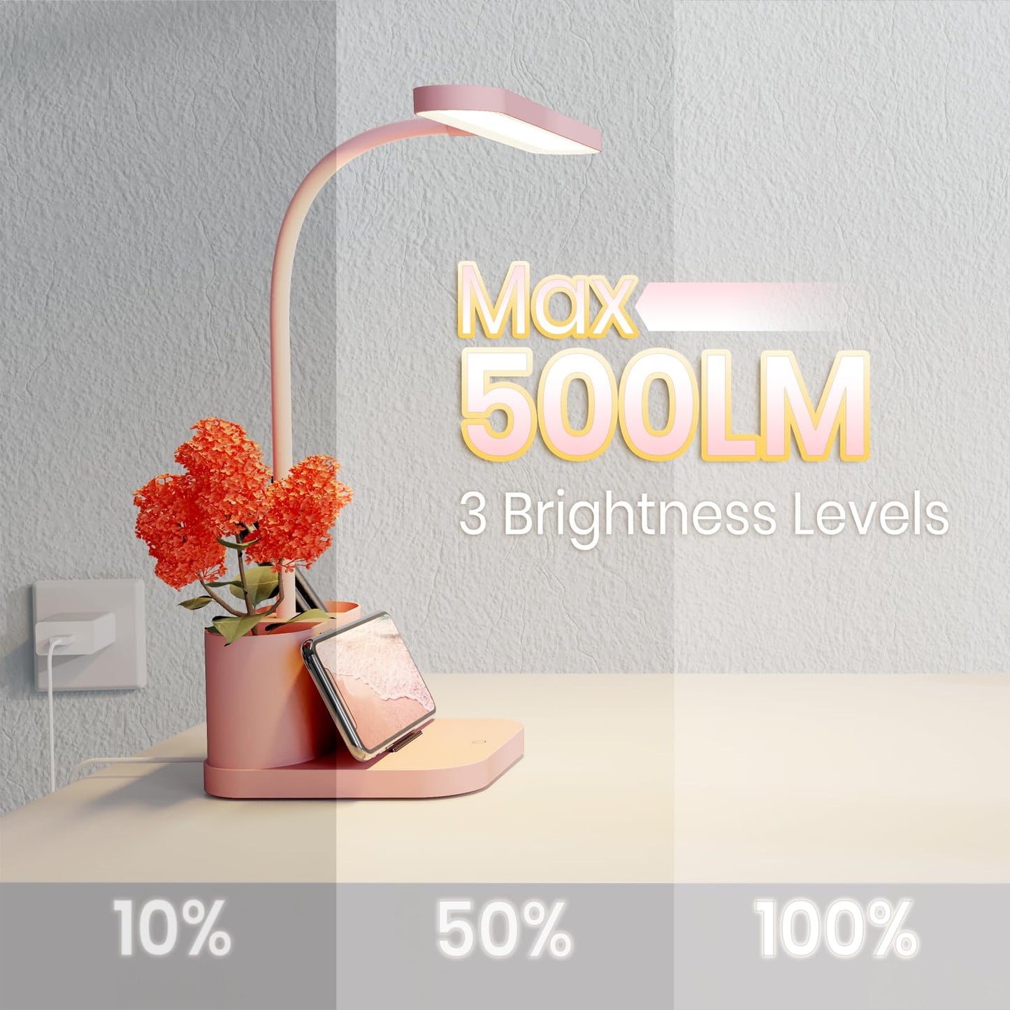 AXX Pink Desk Lamp for Home Office, Cute Table Lights for Bedrooms, Kawaii, Dimmable LED, Flexible Gooseneck, Pen Holder, Touch Control, Room College Dorm Essentials for Teen Girls Kids