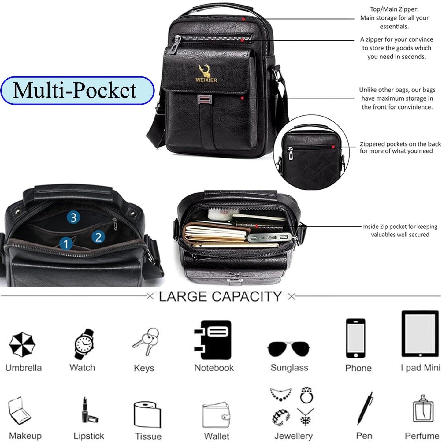 Messenger Bag for Men Crossbody Shoulder Purse Small Vintage PU Leather Satchel Pouch Side Crossover Handbag (Men Handbag for Black)