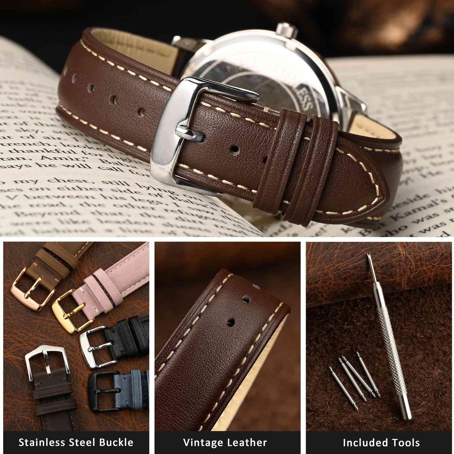 WOCCI 24mm Vintage Leather Watch Band for Men and Women, Silver Buckle (Dark Brown/Contrasting Stitch)