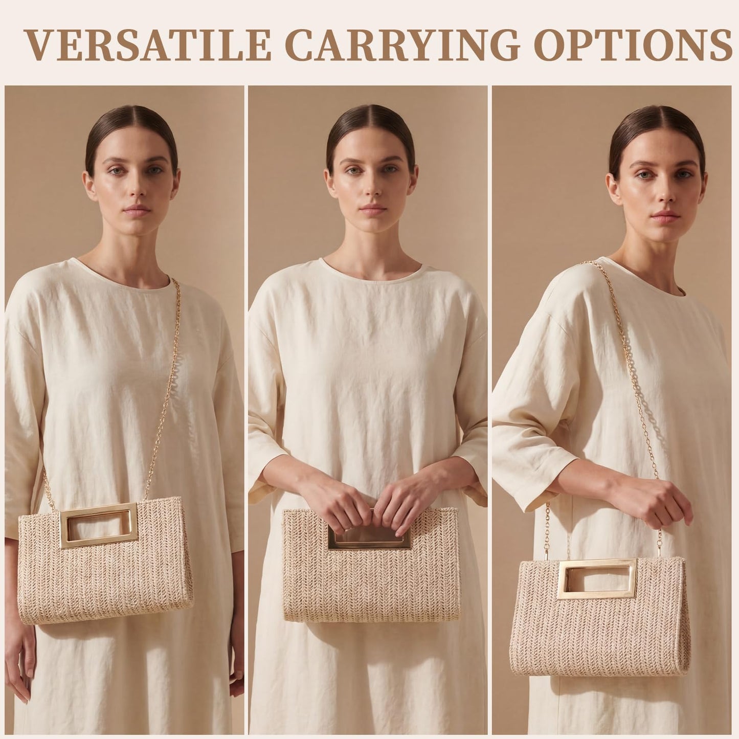 Gilprop Woven Clutch Purse for Women, Envelope Evening Bag Boho Crossbody Handbag for Summer Beach and Wedding Guest (Beige)