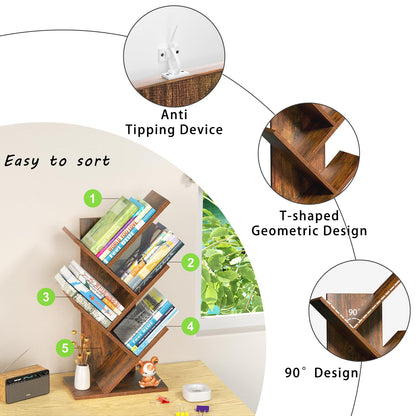SHEEPAM 5 Tier Tree Book Shelf, Small Desktop Bookshelf with Storage Organizer, Wood Bookcase, Desk Display Bookshelves, Floor Standing Organizer Bookcases for Living Room,Bedroom,Office-Brown
