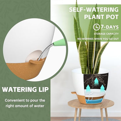 ZMTECH 9/10/12 Inch Plant Pots Sets, Selfwatering Planters with Drainage Holes Saucers for Indoor Outdoor Plants, Plastic Flower Pots for House Kitchen Window Garden(White, 3 Pack)