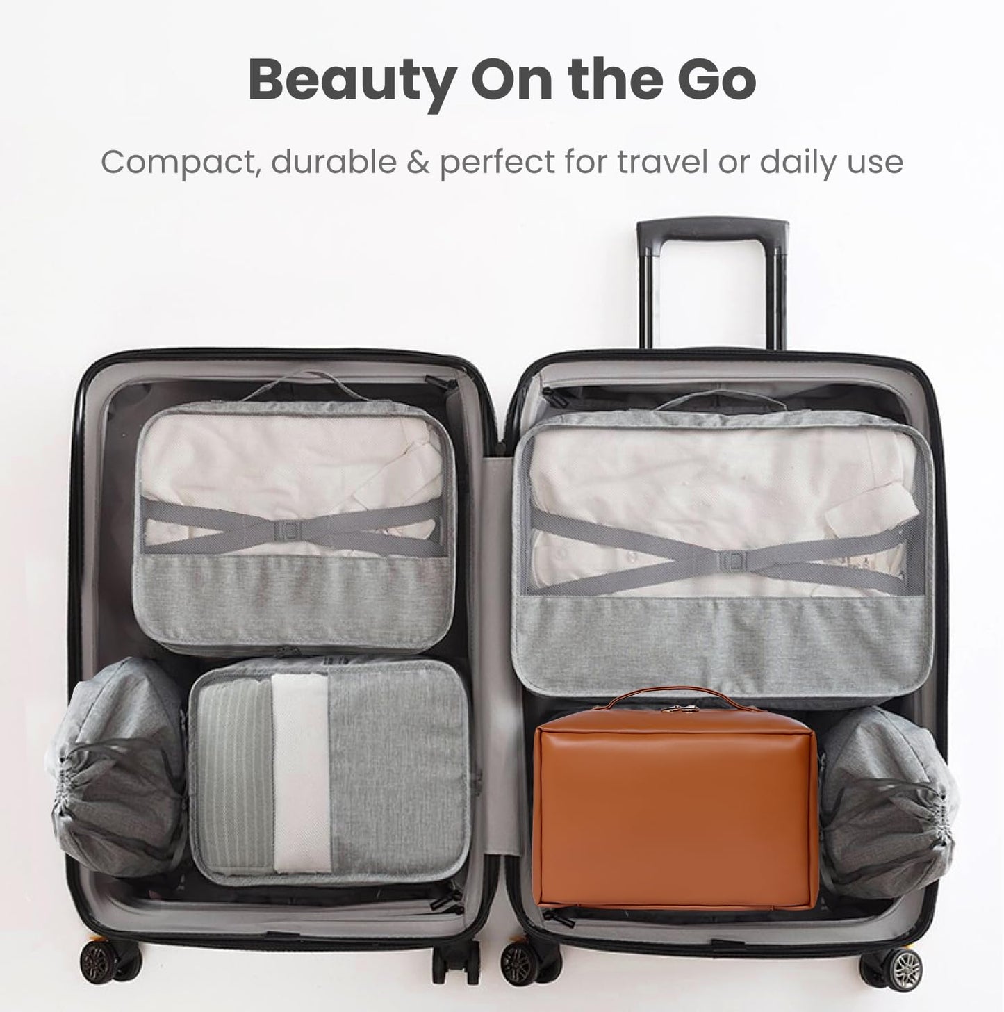 Travel Makeup Bag, Large Capacity Cosmetic Organizer Bag for Women, 180° Flat Open Makeup Case with Compartments, Waterproof PU Leather Toiletry Bag for Skincare, Brushes & Beauty Travel Essentials