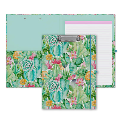 Cute Clipboard Folio with Refillable Lined Notepad and Interior Storage Pocket for Office Stylish A4 Foldable Clipfolio - Cactus Flowers