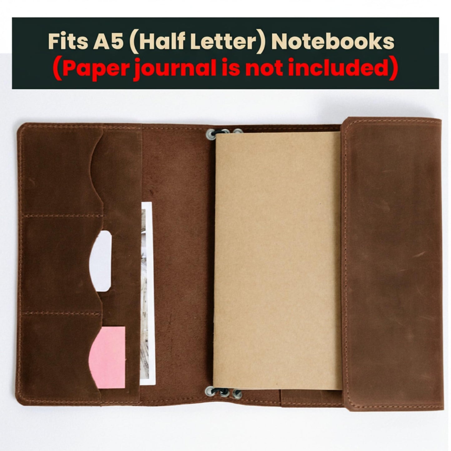 TORAKIP Leather A5 Notebook Cover – Refillable Journal Case with Elastic Bands, Pen Loop & Inner Pockets, Handmade Notebook Organizer, Fits 5.8" x 8.3" Inserts (Paper Not Included), Brown