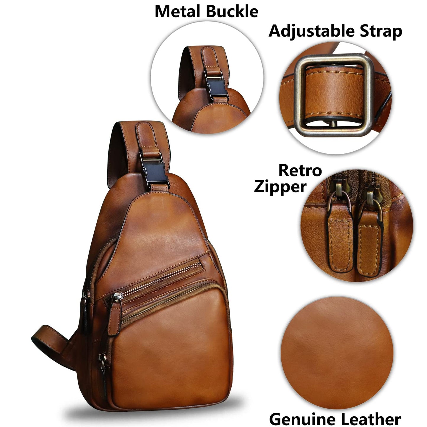 Genuine Leather Sling Bag Crossbody Purse Handmade Hiking Daypack Motorcycle Bag Retro Shoulder Backpack Vintage Chest Bag (Brown)