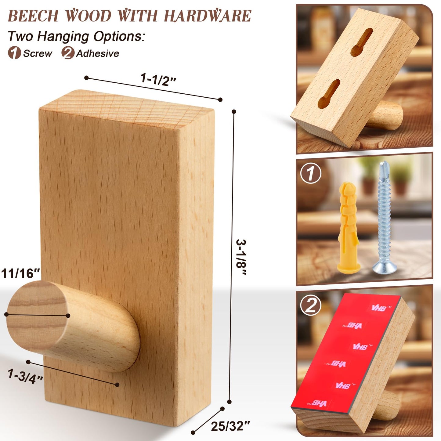 Felidio Natural Wooden Wall Hooks, Adhesive & Screw Mount Coat and Towel Hooks - Decorative Key Holder, Hat Rack, Stocking Wall Hangers for Bathroom Entryway Closet - 6 Pack, Beech Wood