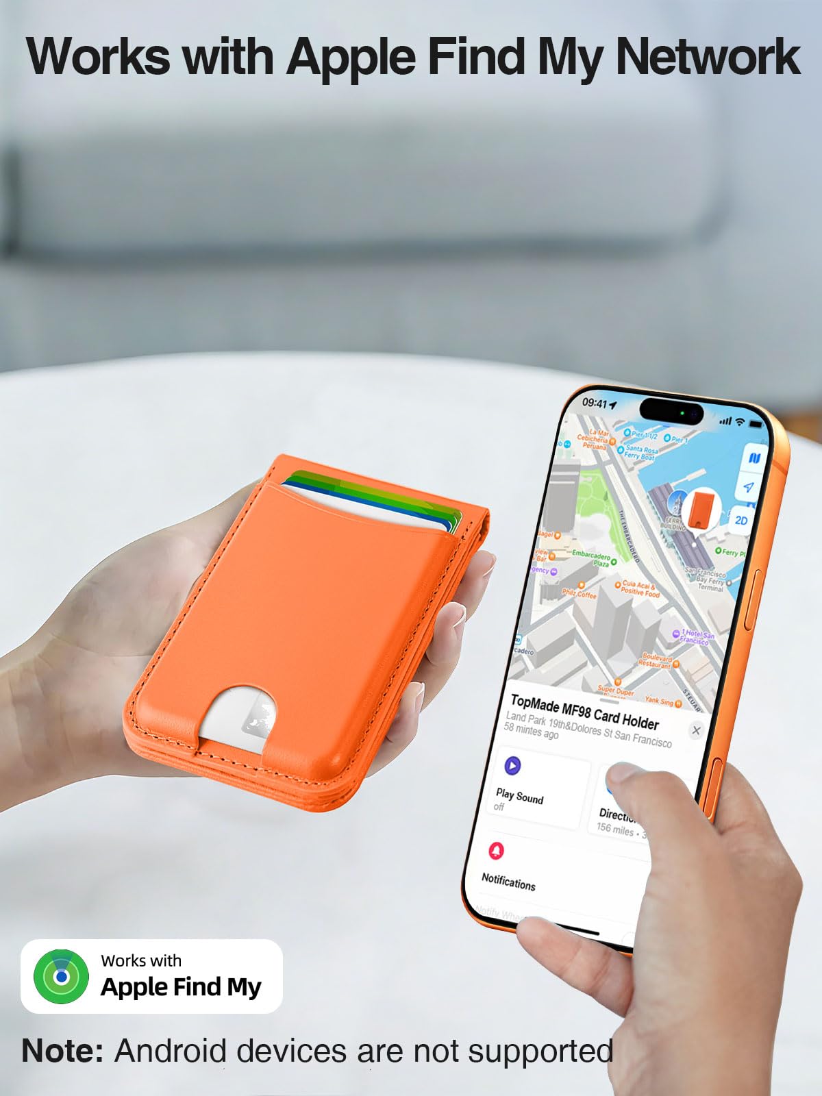TopMade for MagSafe Wallet, Works with Apple Find My, Strongest Magnetic Wallet with Stand, 6 Card Holder, RFID Blocking, Magnetic Card Holder for iPhone 17/16/15/14/13/12 Series, Rechargeable,Orange