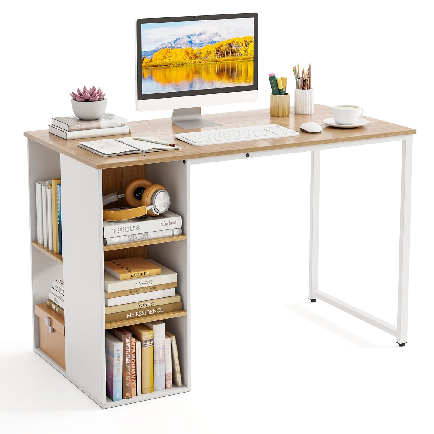 Tangkula Computer Desk with Storage Shelves, Home Office Desk with 5 Side Shelves & Metal Frame, Space Saving Laptop PC Desk, Writing Study Desk, Modern Vanity Desk for Bedroom (Natural)