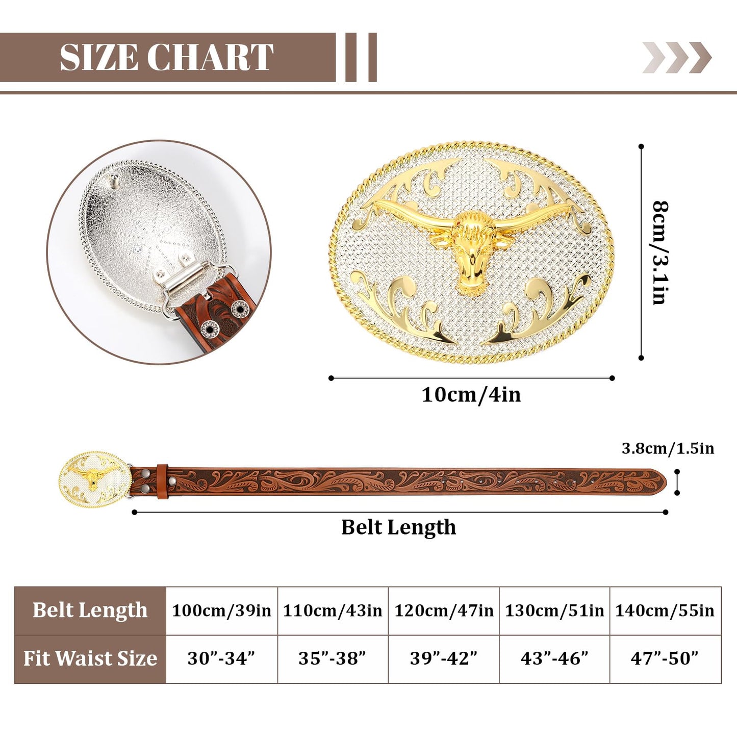 SANSTHS Cowboy Belts for Men Women, Western Leather Belt with Big Buckles Mexican Country Black Longhorn Bull Belt for Jeans, Brown
