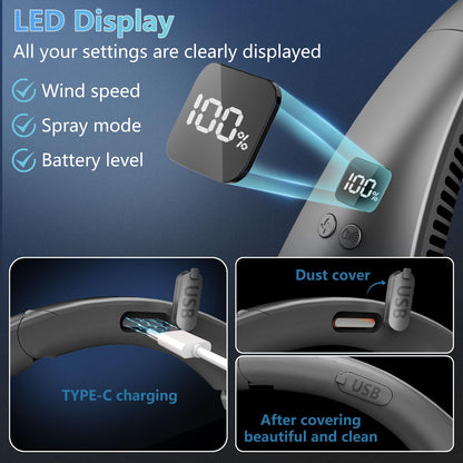Neck Fan with Mist Spray-Neck Fans that Blow Cold Air,Folding 4000Mah Portable Personal USB Rechargeable Battery Operated Fan with Mister,Cooling Bladeless Travel Misting Fan for Neck Around Black