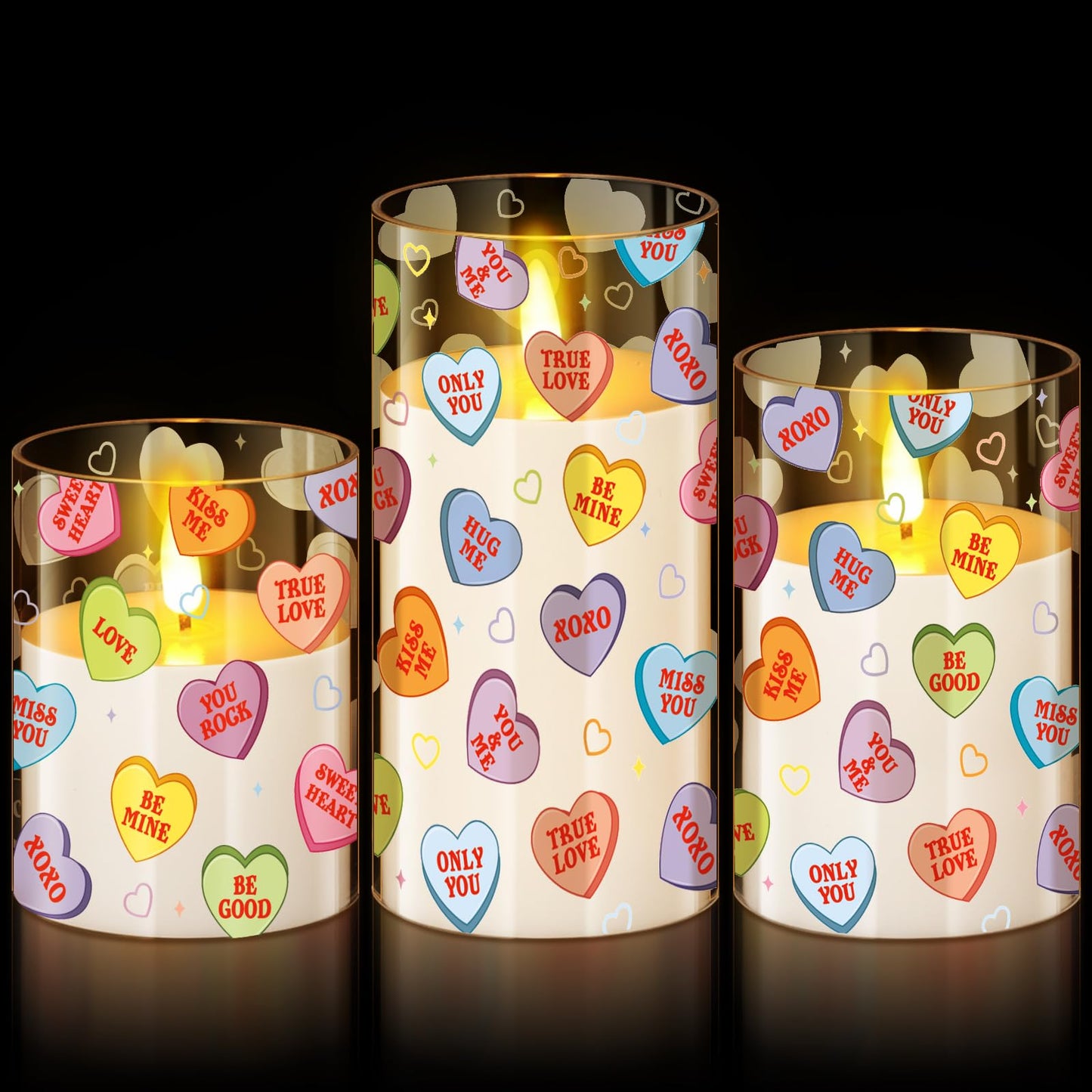 Blosssound 3 Pack Valentine's Day Flameless Candles Battery Operated Conversation Hearts Flameless Flickering Candles LED for Home Romantic Valentine's Collection Gifts Holiday Table Decorations