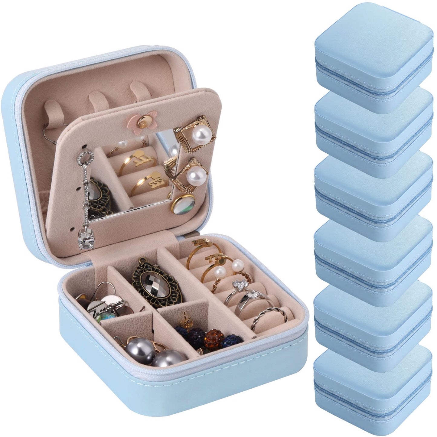 Hillban Bridesmaid Gifts Jewelry Box with Mirror, PU Leather Small Travel Jewelry Case Organizer Storage for Women Girls(Blue,12 Pcs)