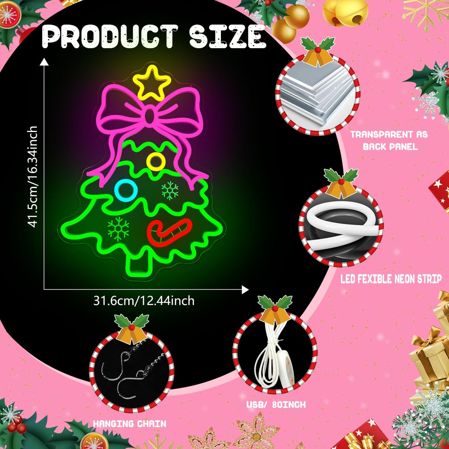 Christmas Neon Sign Pink Bow Christmas Tree Neon Sign for Wall Decor Xmas Tree Led Sign with Star Candy Neon Light Up Signs for Bedroom Window Holiday Door Xmas Party Home Decoration Winter Porch