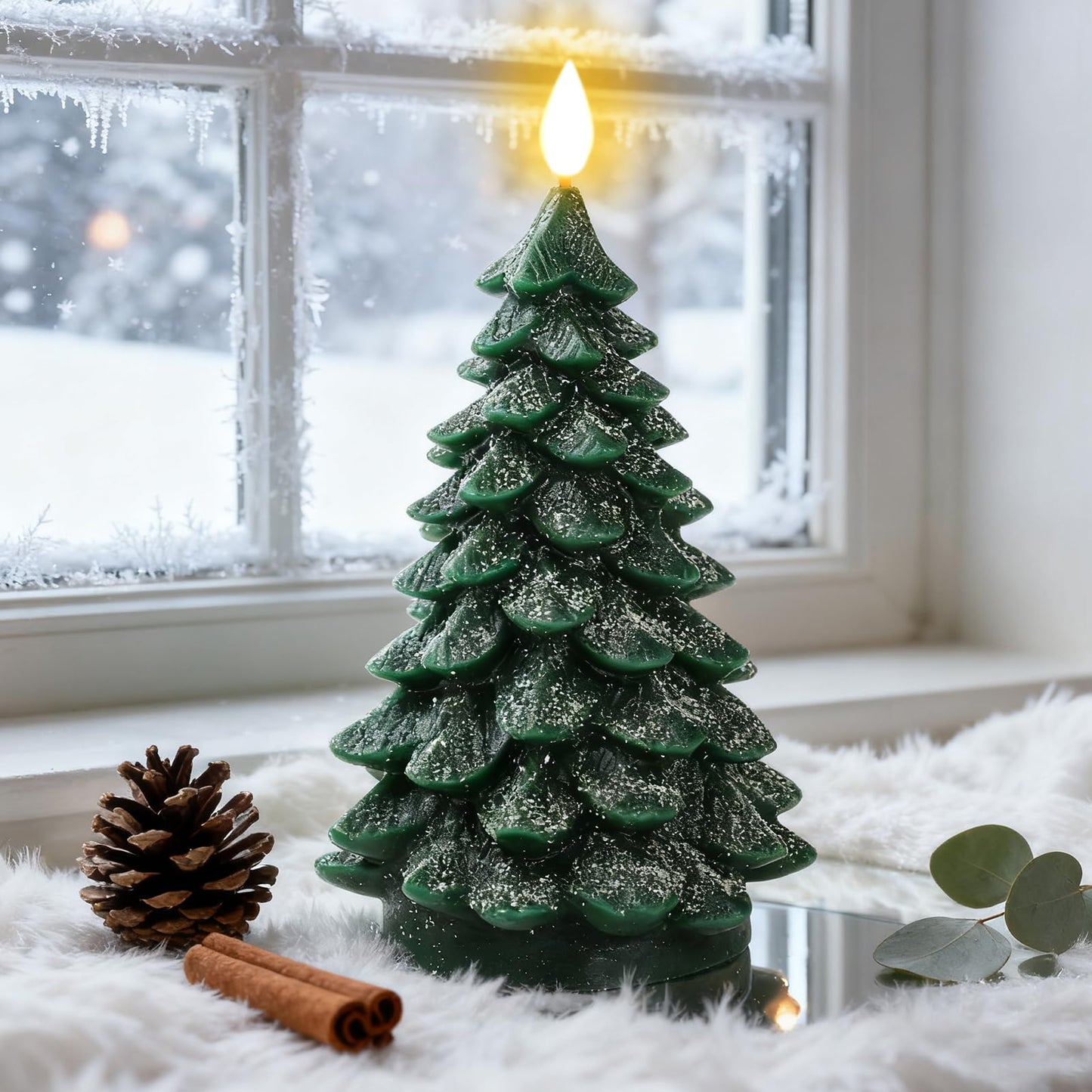 LiuSuper Christmas Tree Flameless LED Candle with Remote Timer, 1PC Real Wax Battery Operated Flickering Candle with Snowfall Effect, Safe for Holiday Home Decor
