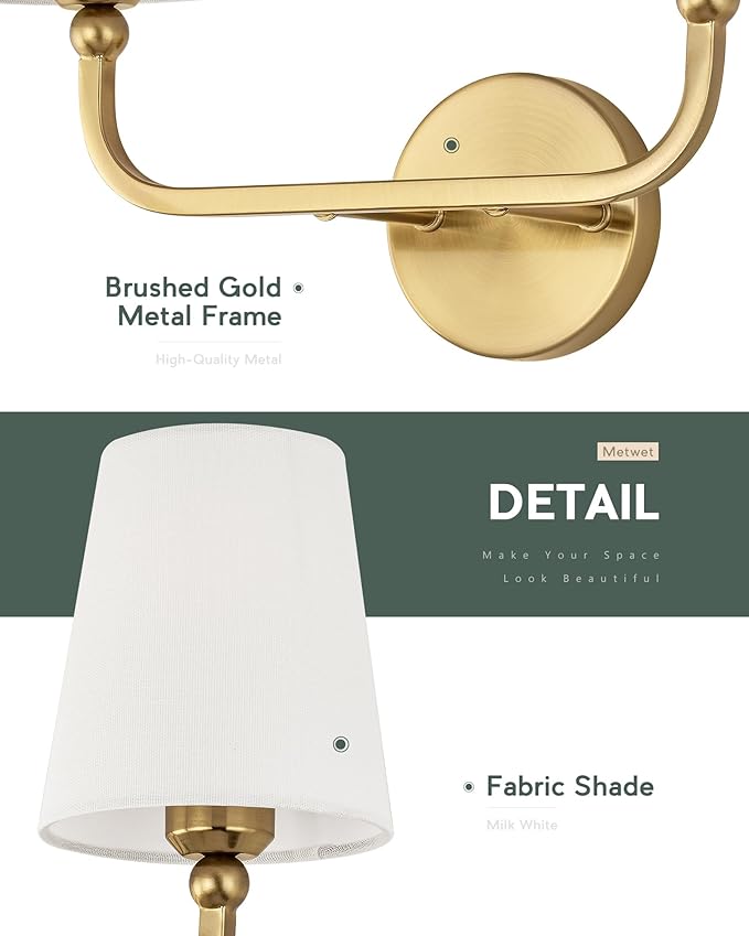 2-Light Bathroom Light Fixtures, Brushed Gold Vanity Lights, Double Wall Sconce with Flared White Fabric Shade, Modern Sconces Wall Lighting for Hallway Bedroom Stairway, VL837-BG-2-S
