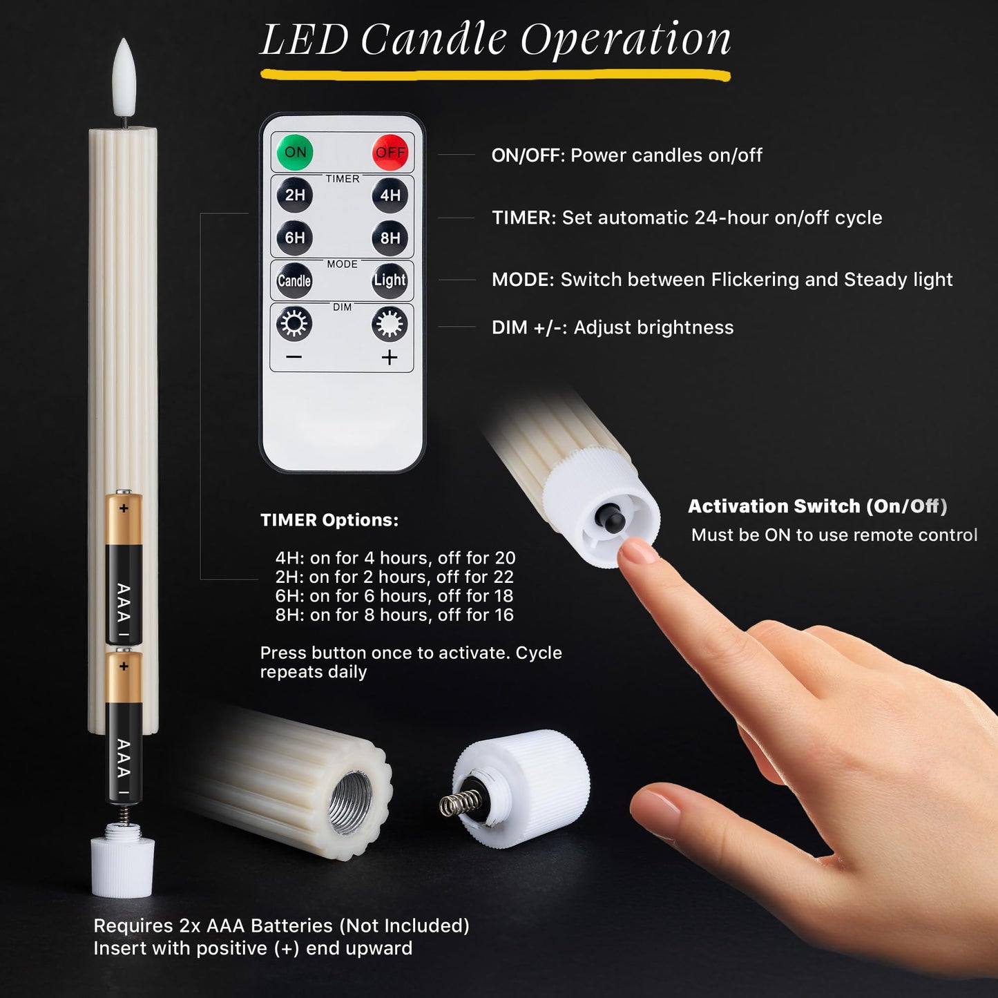 West Ivory 12 Pack, 10" LED Flameless Real Wax Cream Beige Fluted Ribbed Grooved Taper Candles, Remote & 24h Timer Memory, On/Off Button, Dimmable, Flicker Mode, Battery Operated, Wedding