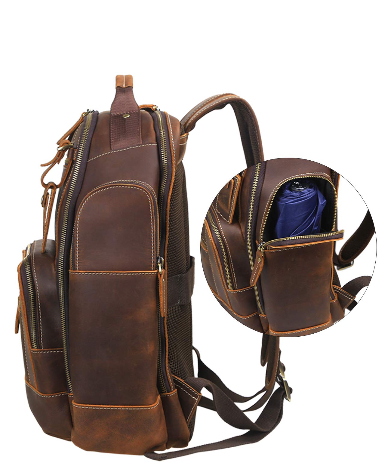 LANNSYNE Men's Vintage Full Grain Leather 15.6 Inch Laptop Backpack Camping Travel 24L Rucksack