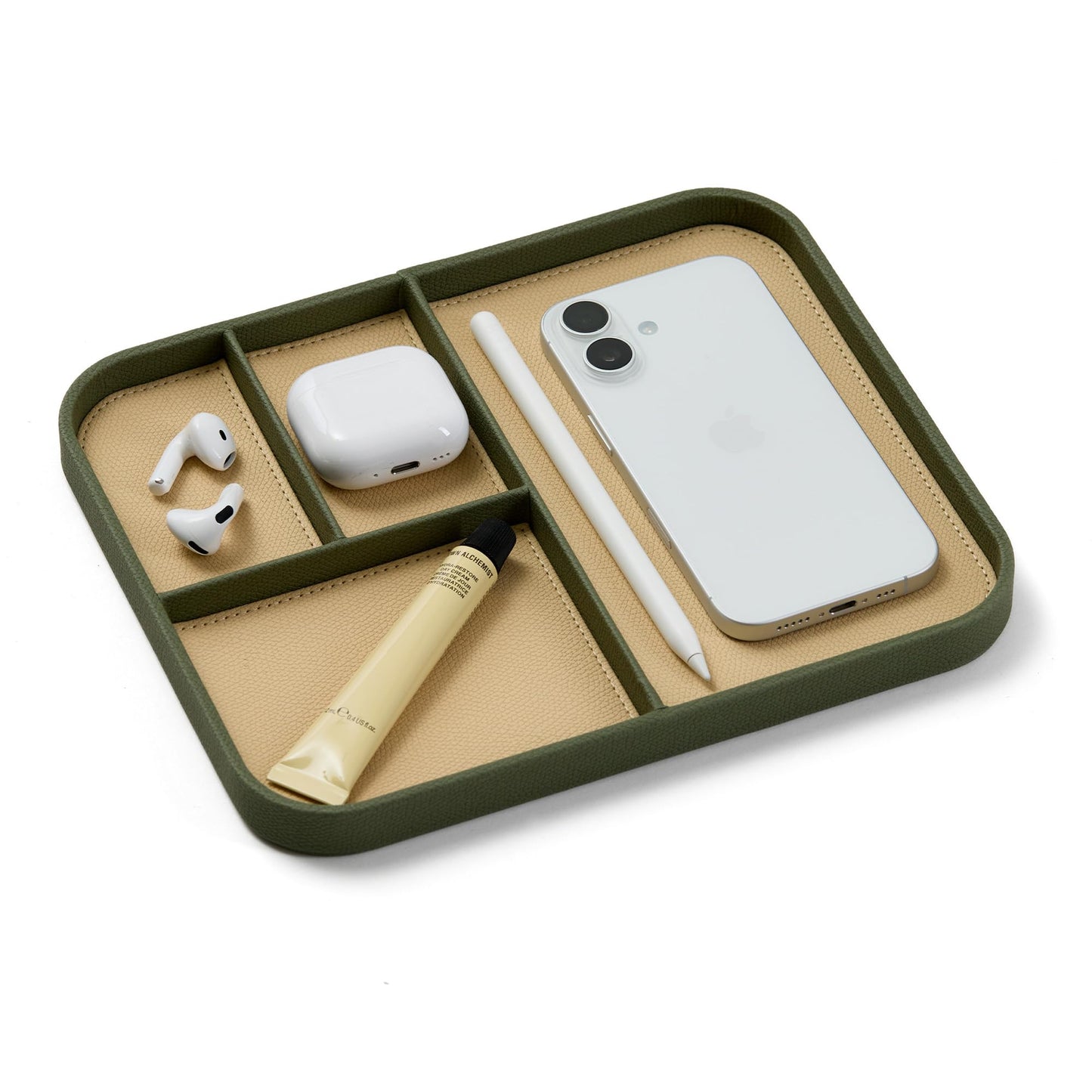 Nordik Leather Valet Tray - Moss Green - 9.5 x 7.9 Inch Medium Vegan Leather Tray - Stylish Nightstand Organizer for Men - Modern Bedside Caddy - EDC Catchall for Key Watch Wallet Jewellery