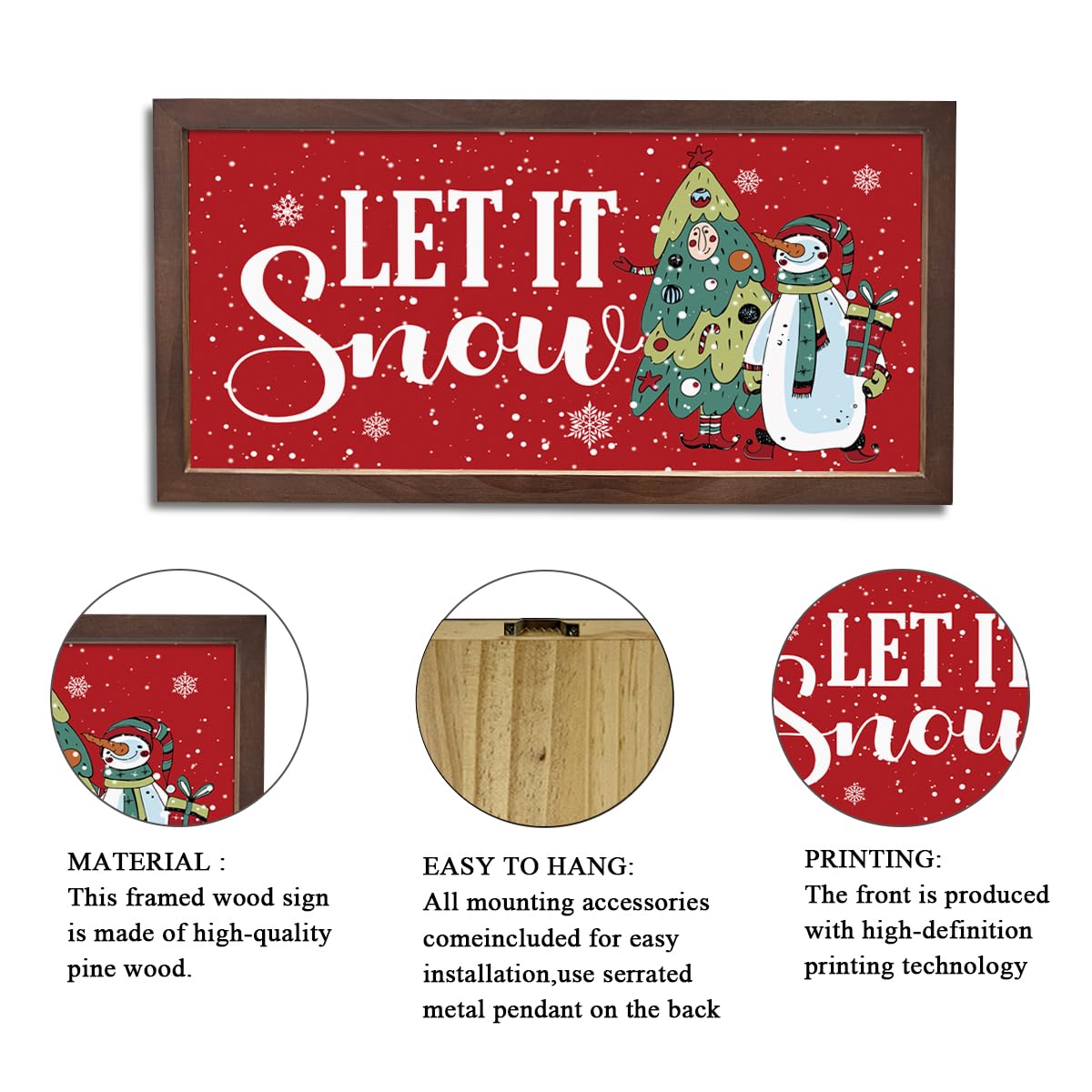 Let It Snow Sign, Snowflakes Decor, Christmas Vibe Wall Decoration, Snowman Christmas Trees Decors, Winter Home Decor, Living Room Decors, Rustic Framed Wooden Plaque 15×7.5×0.3 inches