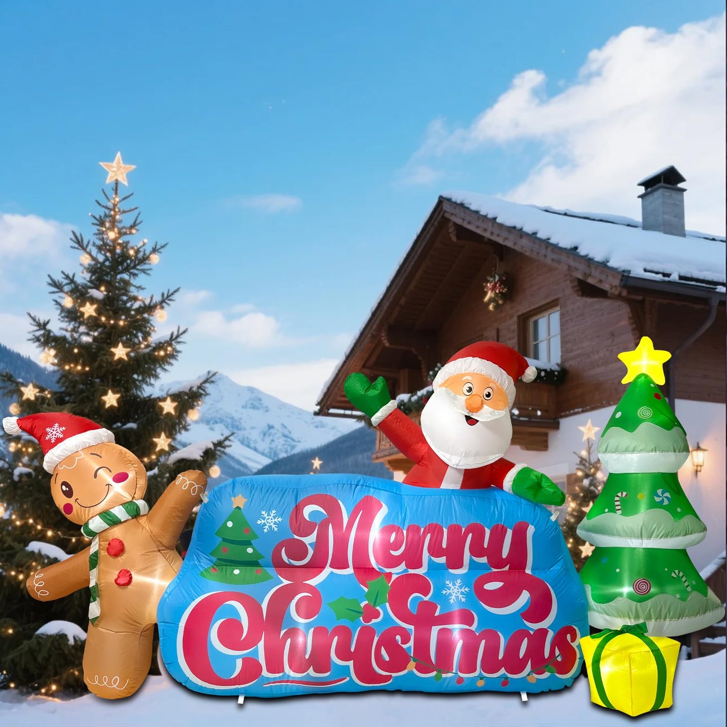 OILCUP 9.2 FT Inflatables Merry Christmas Banner with Santa, Gingerbread Man & Christmas Tree, Blow Ups Outdoor Inflatables Sign with Build-in LEDs for Lawn Yard Winter Holiday Xmas Party Decor