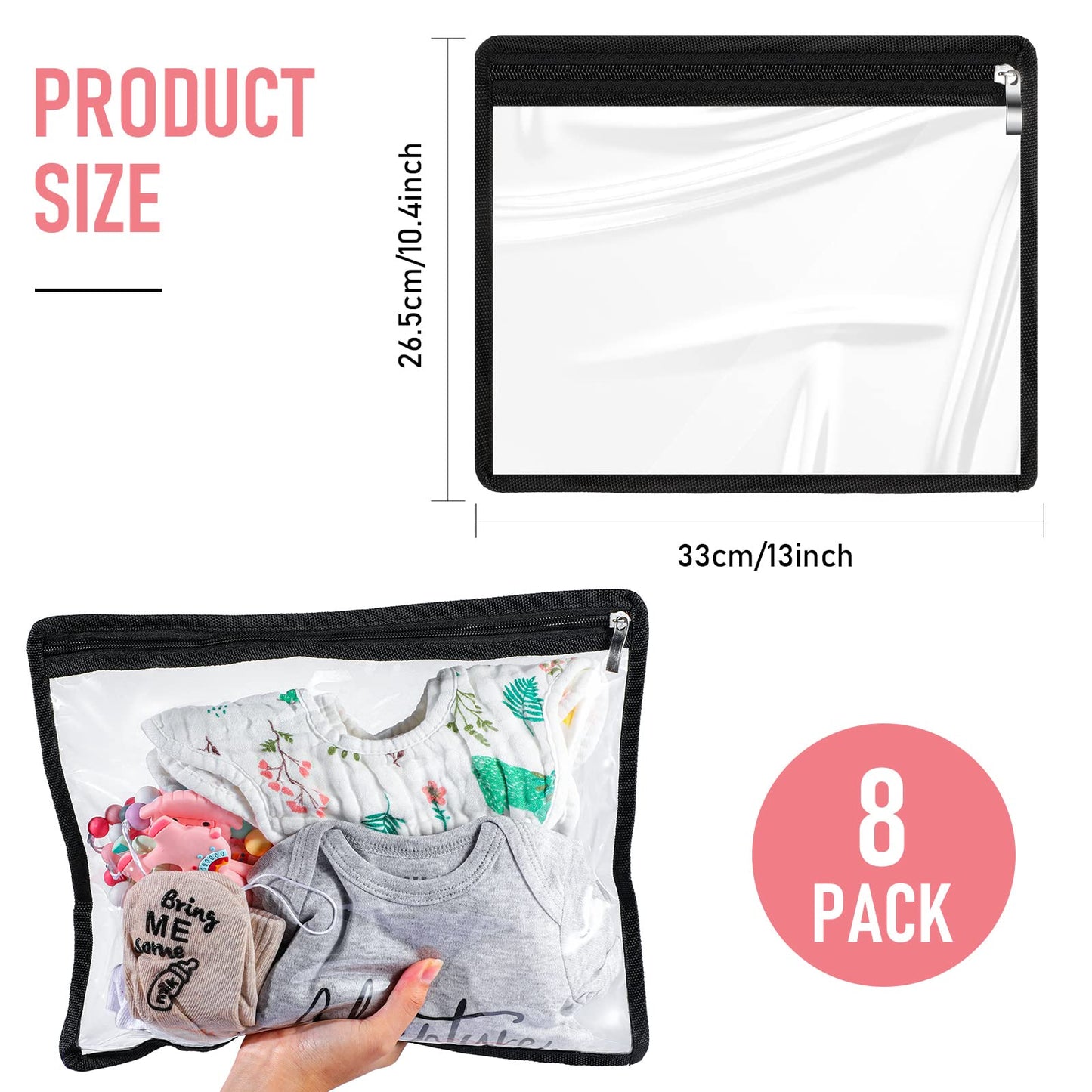 Outus 8 Pcs Clear Zipper Pouches Pencil Pouches PVC Makeup Pouch Envelopes Folder Storage Multi Purpose Pouch Document File Organization Bags, Office Supplies (Black Edgin,13 x 10.5 Inches)