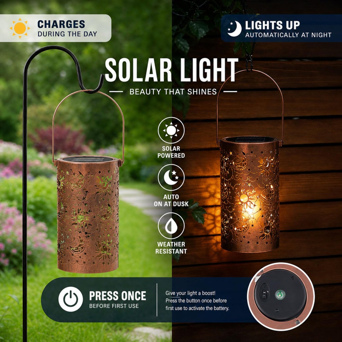 Season 2 Season Solar Lantern Outdoor Waterproof with Sun Moon Stars Patterns, Garden Tangled Decor for Yard Patio Lawn Porch Backyard, Ramadan Light Unique Gifts for Women