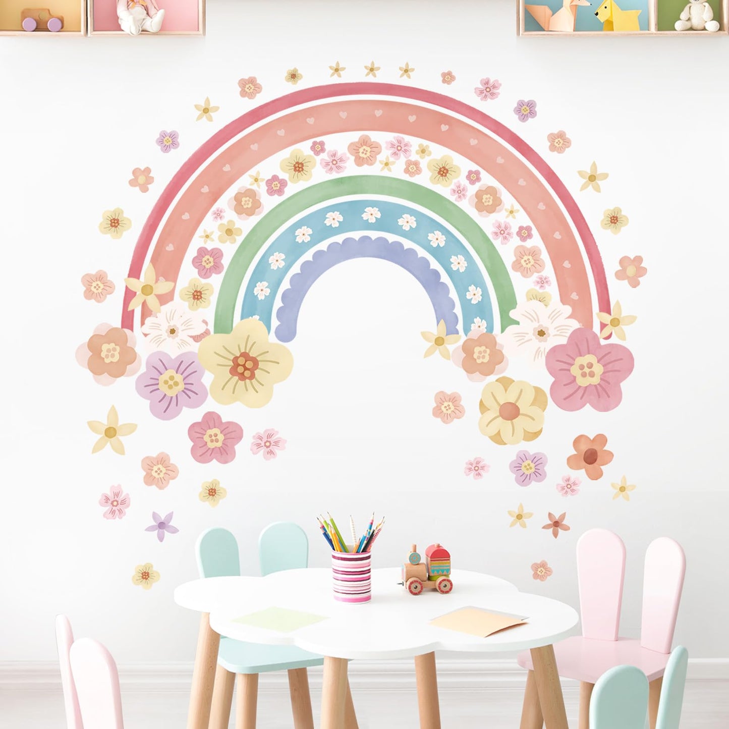 wondever Large Rainbow Wall Decals Colorful Boho Flower Peel and Stick Wall Art Stickers for Girls Bedroom Kids Room Baby Nursery