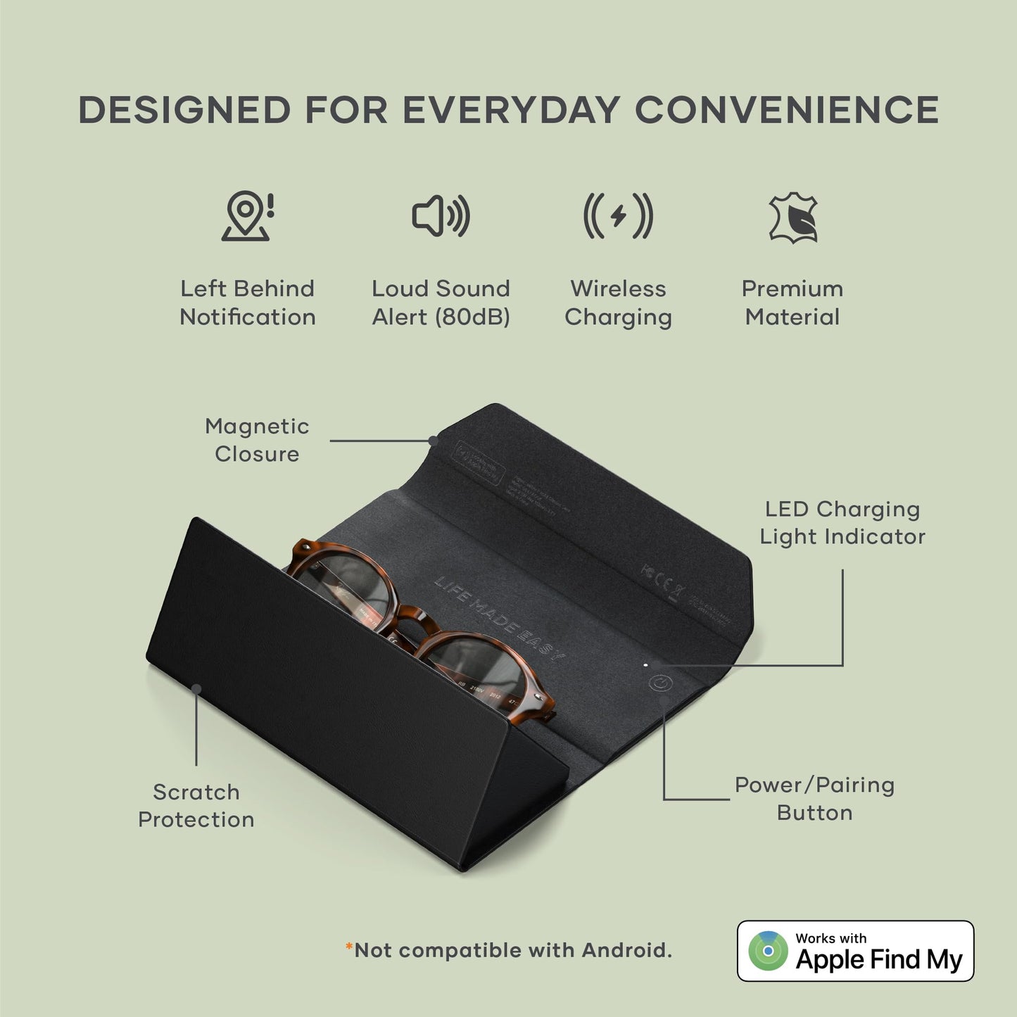 Satechi FindAll Smart Glasses Case with Find My, Foldable & Portable, Wireless Rechargeable, Left-Behind Alerts, Loud Audible Chime, Compatible with Most Glasses & XR/AR Glasses – Black