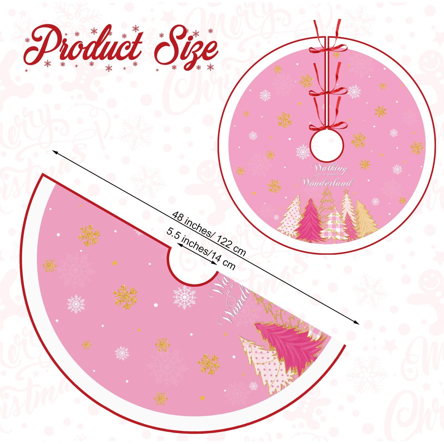 Tiamon 48 Inch Pink Christmas Tree Skirt Large Double Layer Xmas Tree Decoration Merry Christmas Tree Skirt Mat Decor for Winter Holiday Party Christmas Decorations Supplies