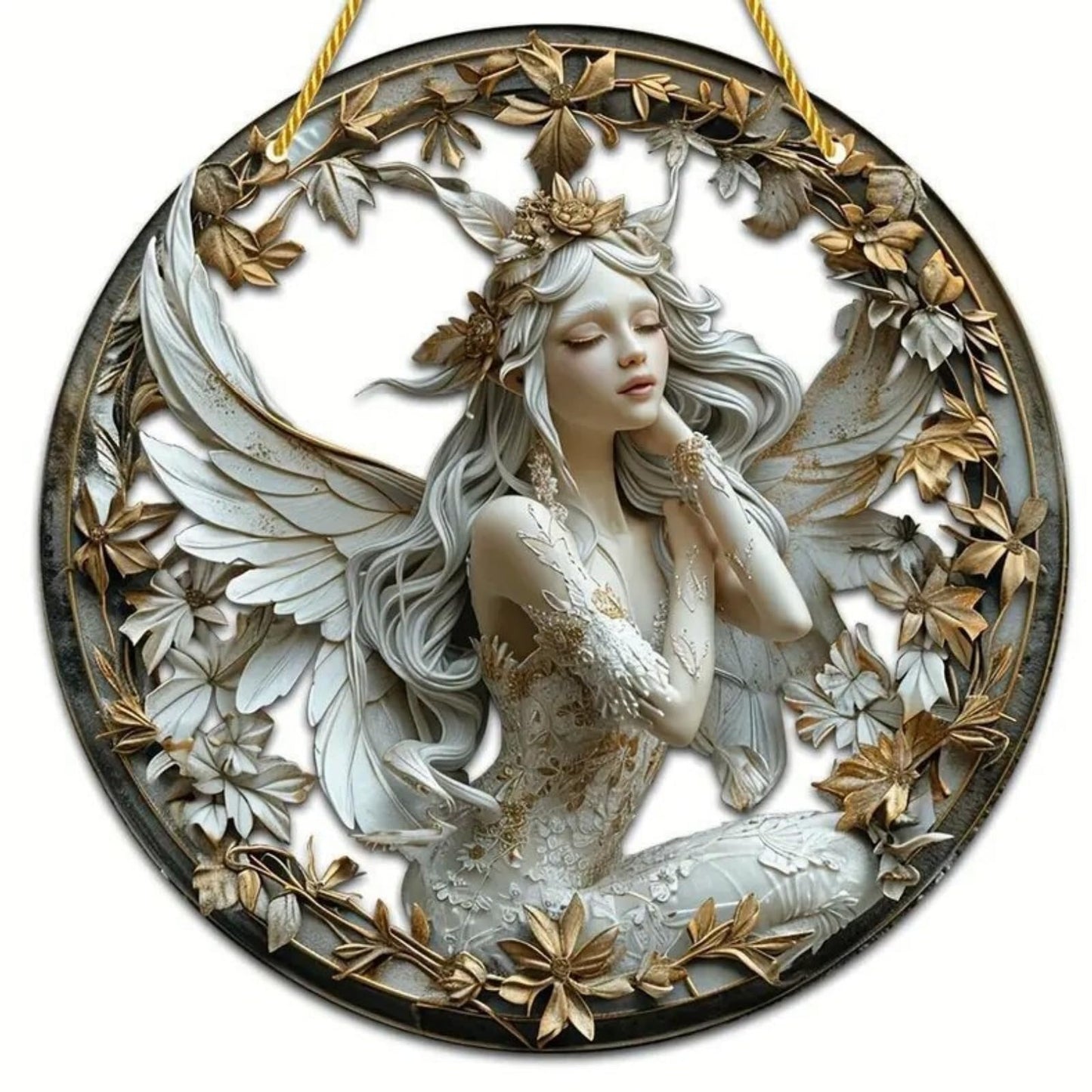 VTYFRY Flower Fairy Garden Decorations Angel Wing Christmas Halloween Deco Statue Art Elf Sculpture Hanging Craft for Outdoor Yard Courtyard Lawn Patio Window Acrylic Ornament Home Gift (C,S: 6*6 IN)