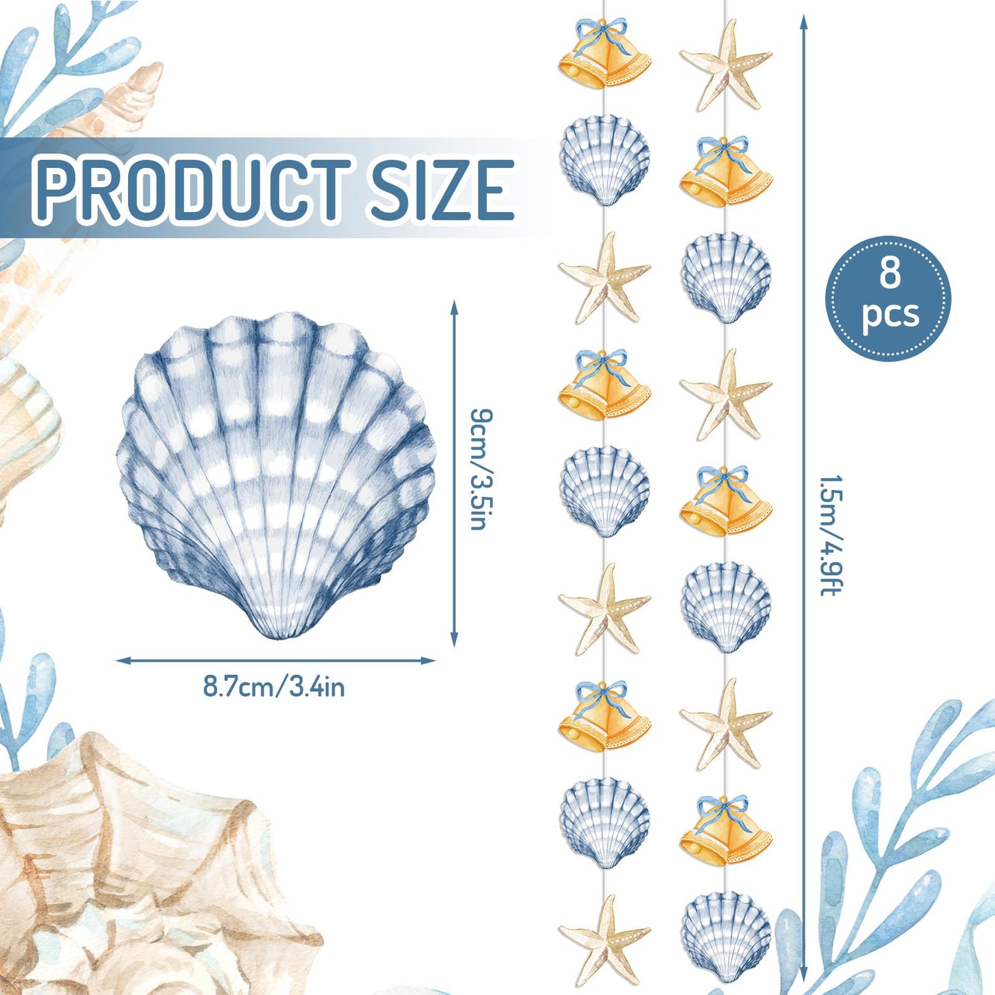 JarThenaAMCS 8 Pack Ocean Garland Coastal Beach Party Decorations Nautical Seashell Starfish Bells Hanging Banner Ornaments Pre-Assembled for Summer Under the Sea Wedding Baby Shower Mermaid Party