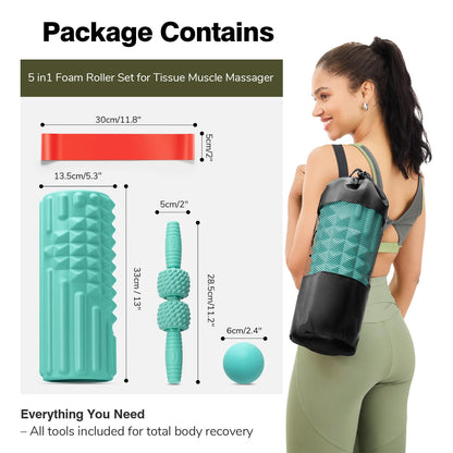LTHTRADE 5 in 1 Foam Roller Set - Back Roller Foam, Massage Roller Stick, Massage Ball, Resistance Band for Physical Therapy & Deep Tissue Muscle Massage (Green)