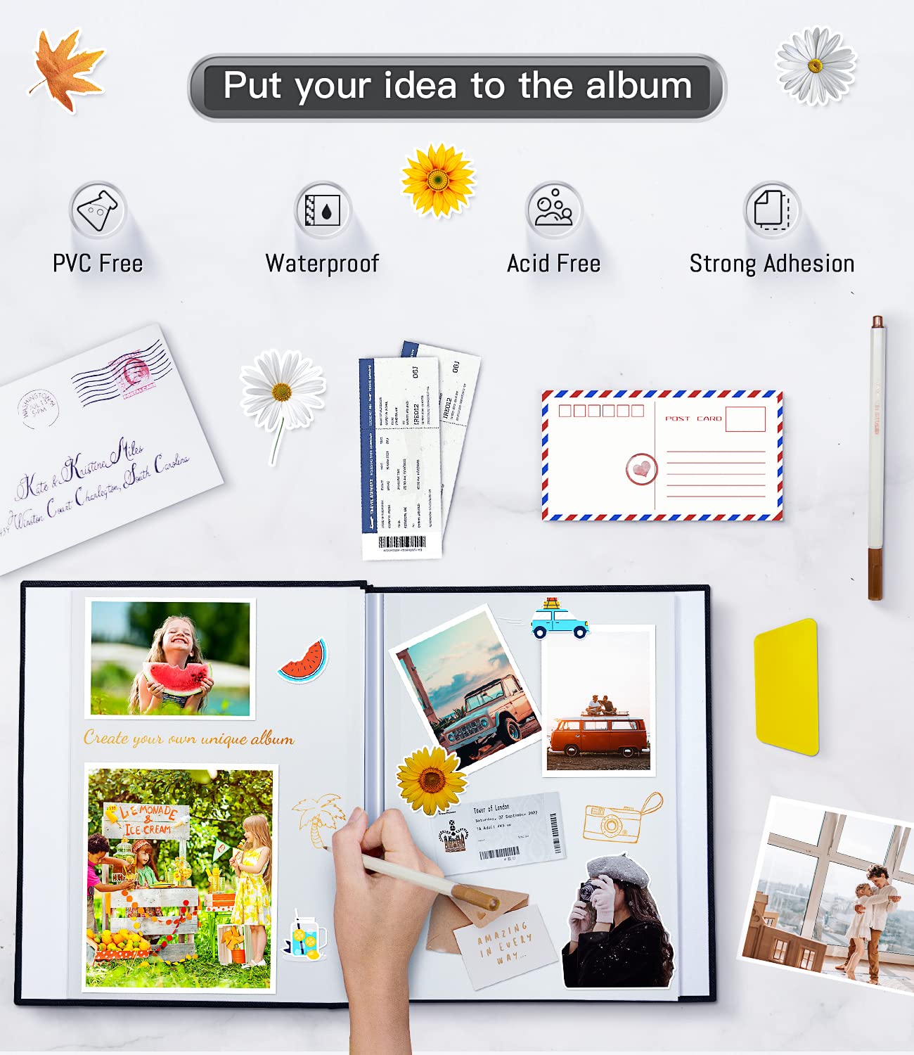 Popotop Photo Album Self Adhesive with Picture Display Window,40 Pages DIY Scrapbooking Supplies Kit for 4x6 8x10 Picture,Linen Cover Memory Book for Baby Wedding, with Scraper and Metallic Pen