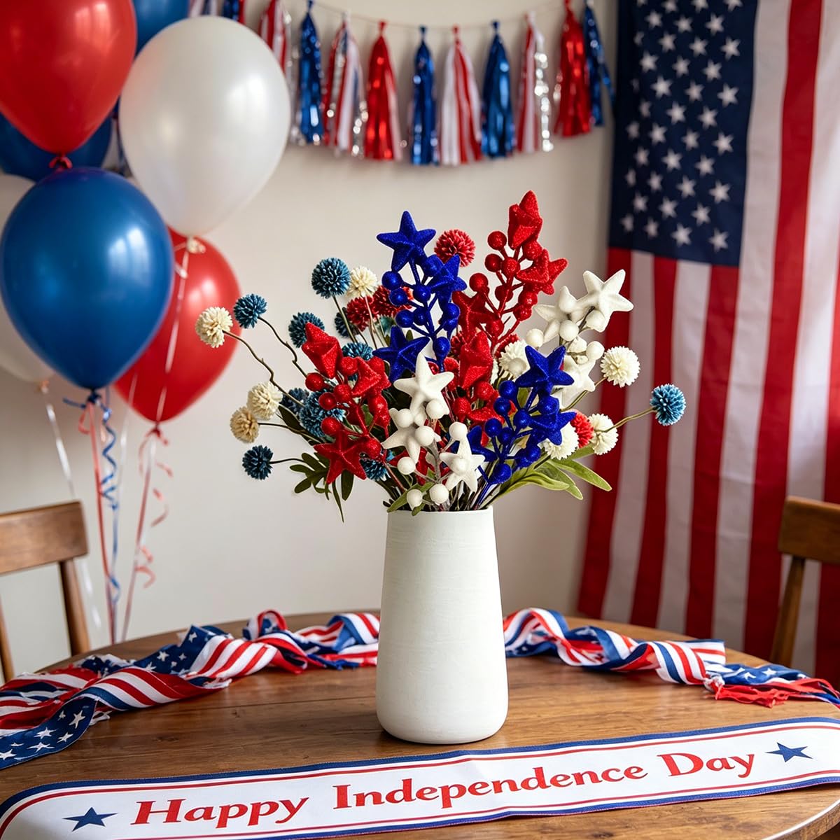 BASEMMAHER 6 Pcs Patriotic Glitter Puffy Star Berry Picks Foam Sparkly Sticks 4th of July Artificial Red White Blue Faux Berry Flower Branches for Independence Day Party Table Centerpieces Vase Decor