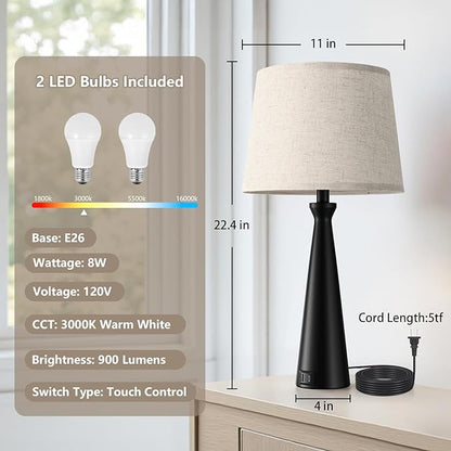Seealle Modern Table Lamps Set of 2 - Touch Bedside Lamp for Nightstand with USB C+A,3-Way Dimmable Black Nightstand Lamps for Living Room Bedroom End Table with Beige Shade(Bulb Included)