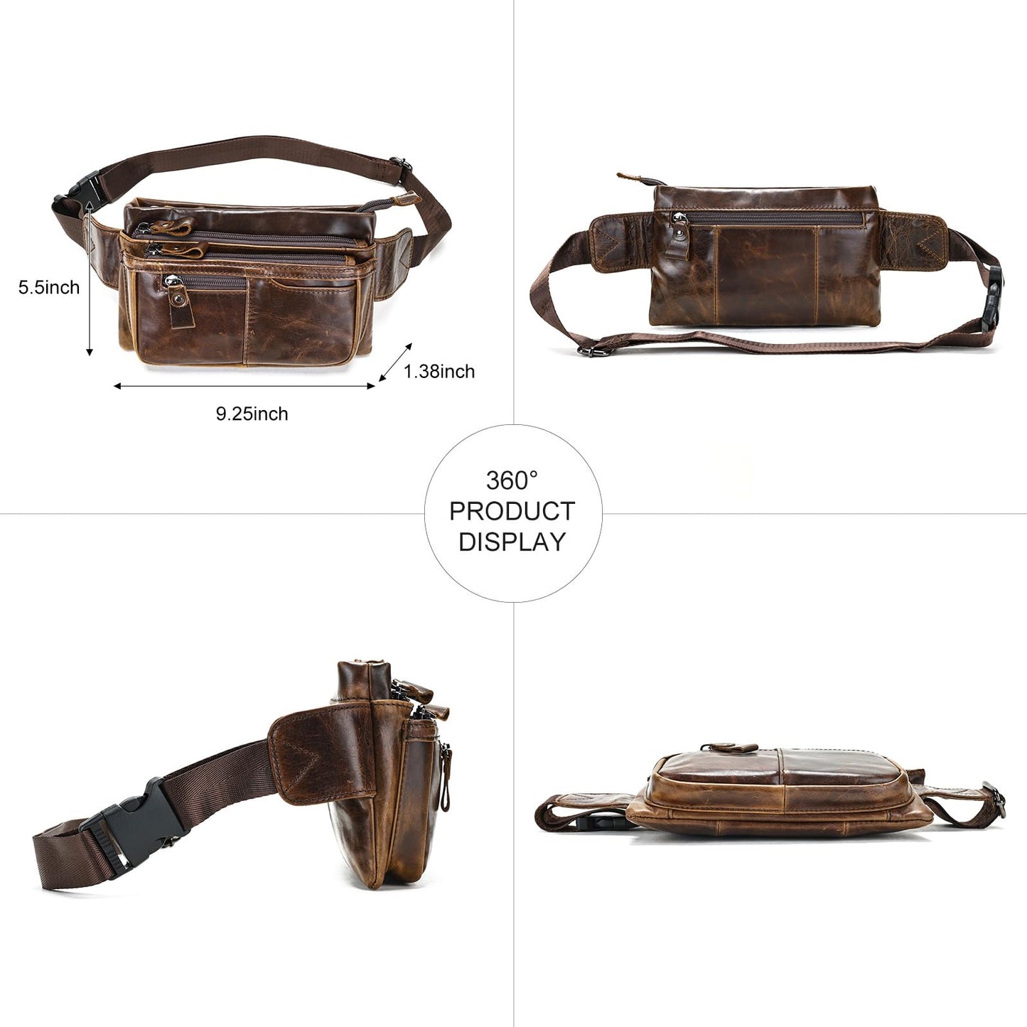 Genuine Leather Fanny Pack Crossbody sling bags zipper Waist Purse Oilcoffee