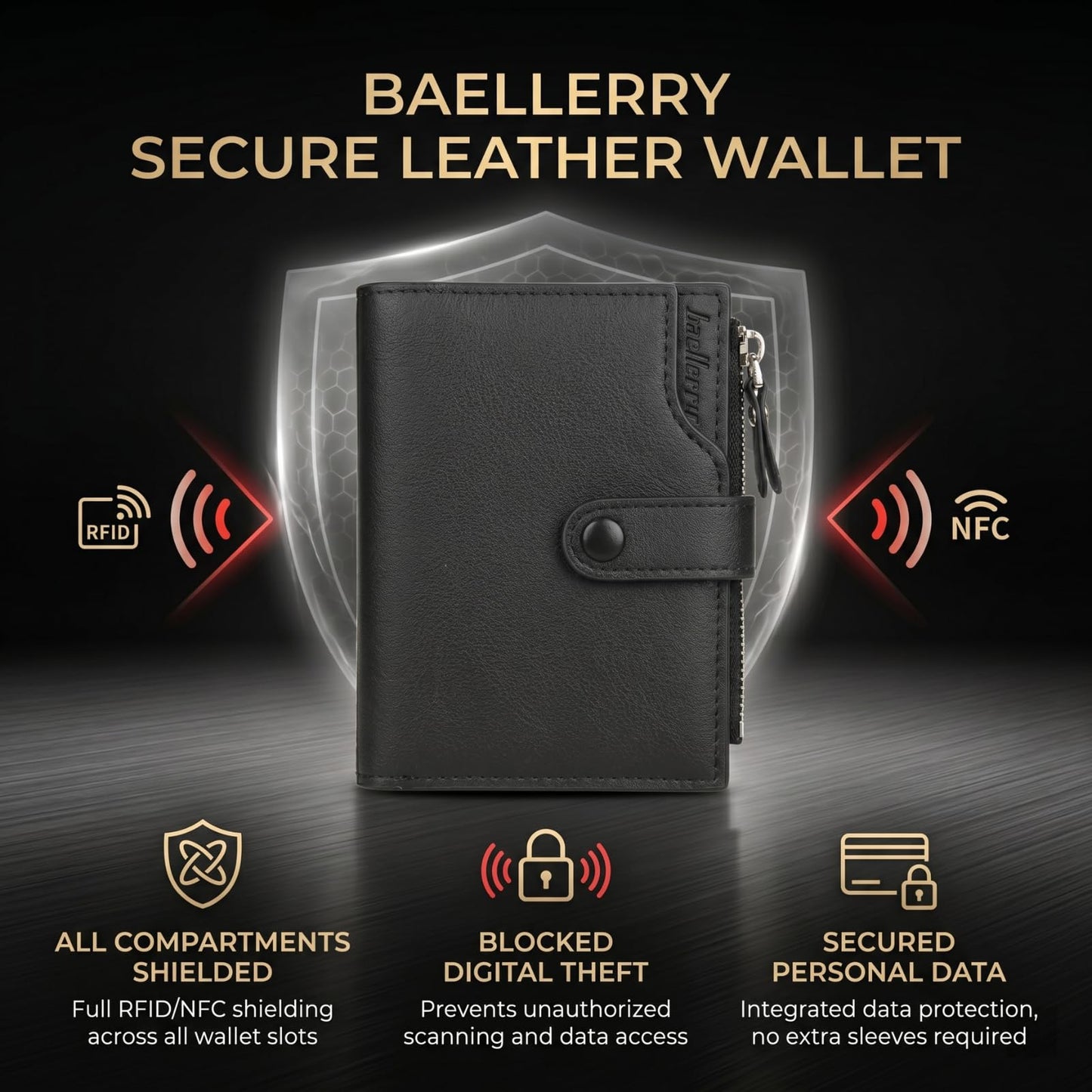 HAISHIDS Men's Trifold Nappa Leather Wallet, 15 Card Slots, RFID Protection, Portrait Format, Black