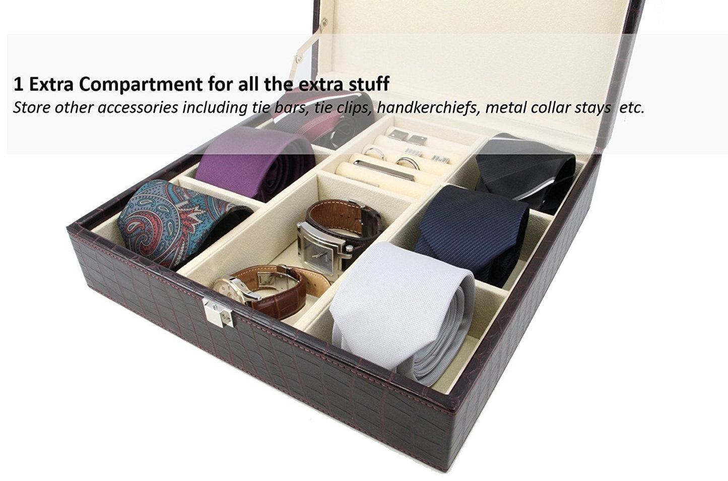Decorebay Handcrafted Crocodile Leather Tie Box and Cufflink Storage Box for Men – Seal Brown