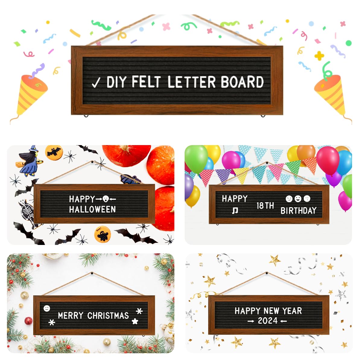 CJIAWYS Picture Frames Collage Photo Hanging Display, Felt Letter Board with 340 Letters and 15 Clips, Picture Board Rustic Frames for Wall Dorm Room Decor Christmas Holiday Birthday Party Present