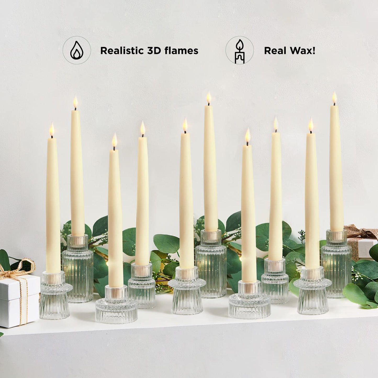 LampLust Flameless Taper Candles, Realistic Flame with Wick, 7 Inch, 10 Pack, Ivory Wax, Flickering Flameless Candle LED, Remote Included, Home Decor, Christmas Party Decorations, Wedding Centerpiece