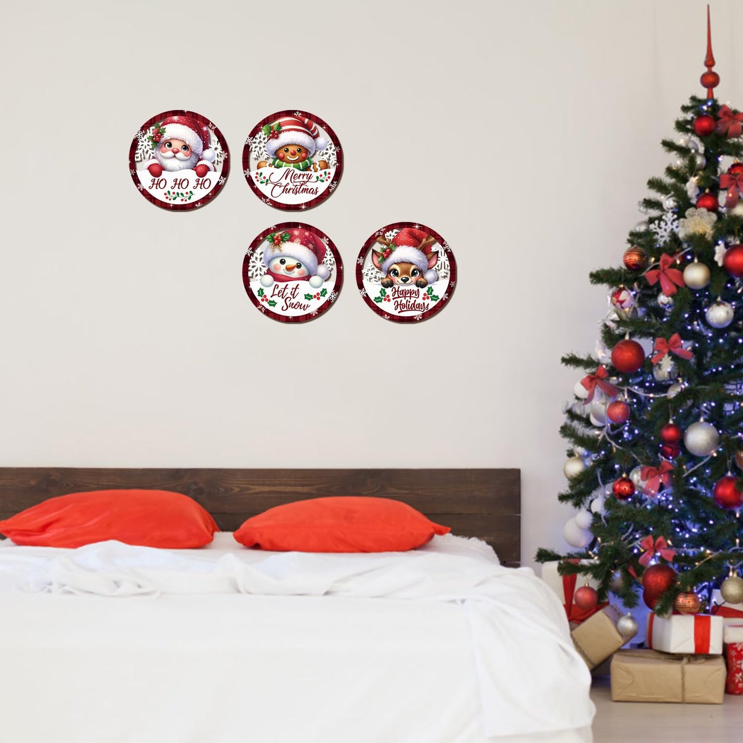 HOURIA 4PCS Christmas Wall Decorations Indoor, Merry Christmas Buffalo Plaid Wooden Hanging Wall Decor,10" Reindeer Gingerbread Man Snowman Sign,Xmas Holidays Wreath Sign for Living Room Bedroom