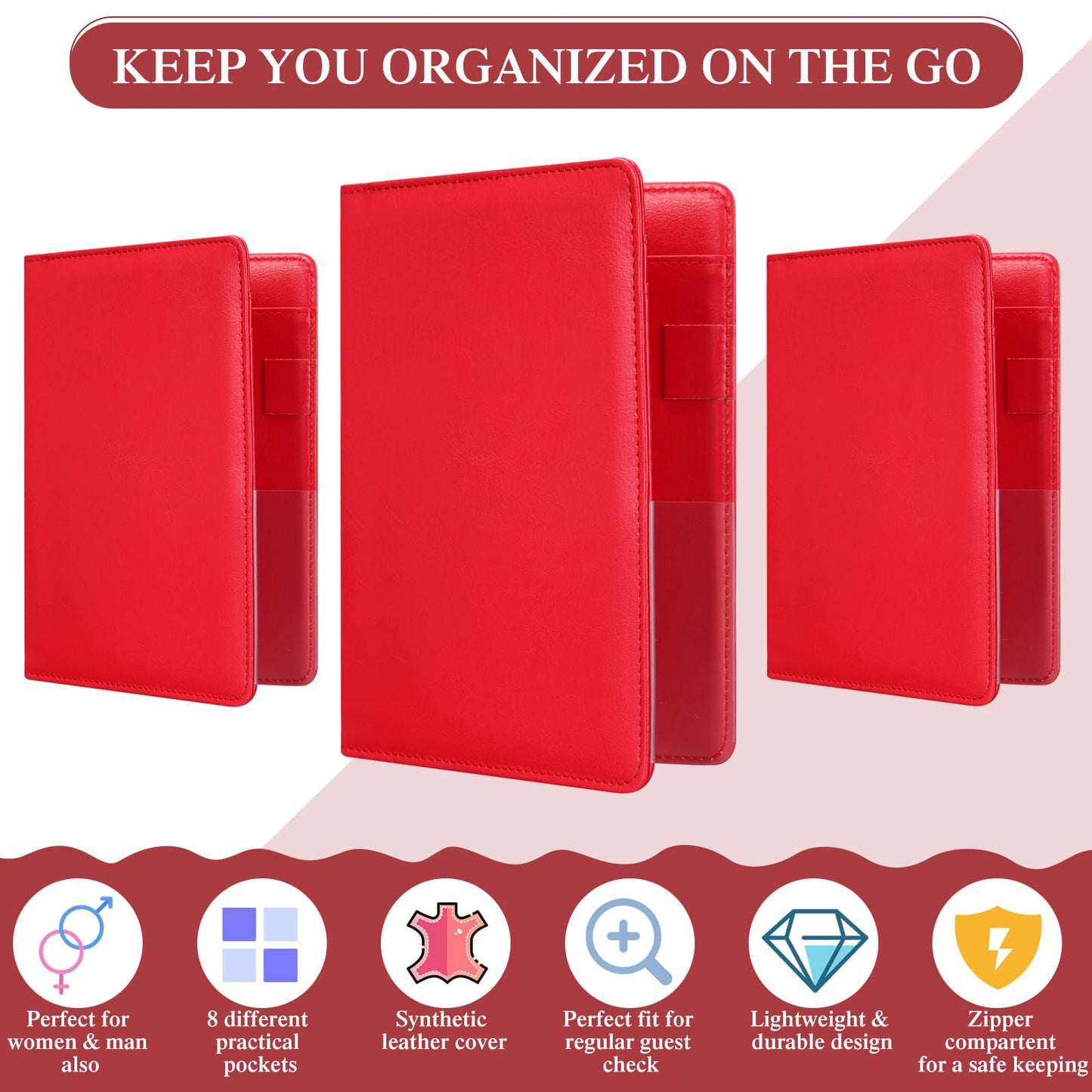Containlol 6 Pcs Waitress Server Books Guest Book Pad Leather Money Organizer Wallet Organizer Waiter Cash Check Bill Receipt Holder with Pocket for Waitstaff Fit Apron(Red Style)
