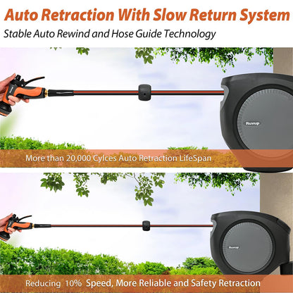 Ruvup Retractable Garden Hose Reel, 1/2in x 50ft Water Hose Reel with 10 Style Nozzle, UV Resistant Automatic Gardening Hose Reel Wall Mount for Outside, Slow Retraction Any Length Lock 180° Swivel