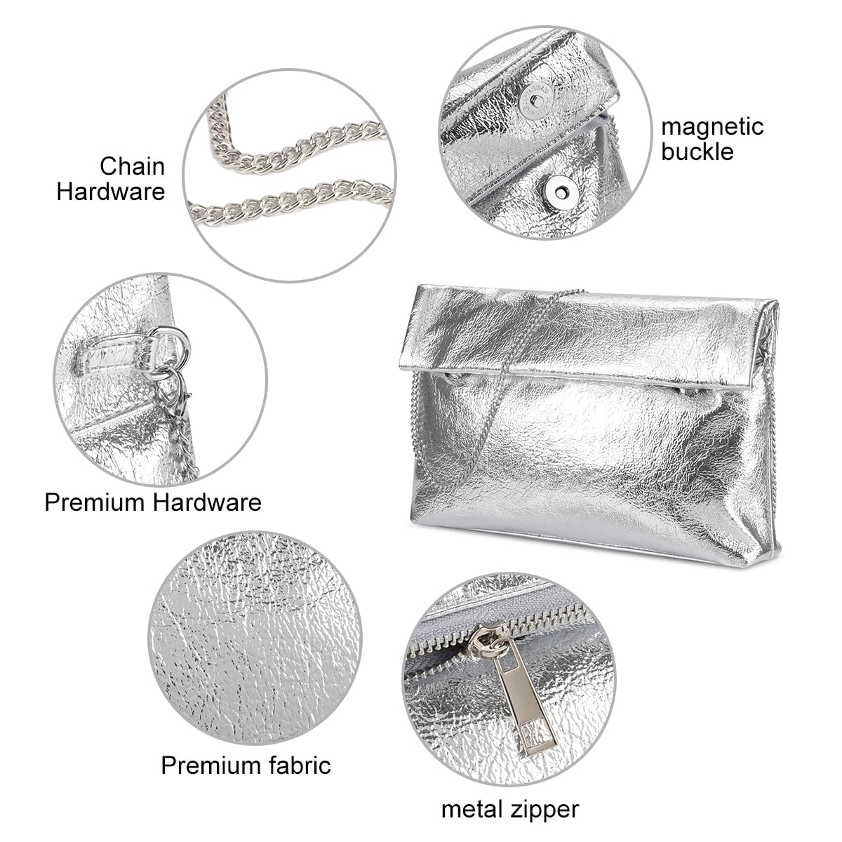 MXCMXC Women's Evening Clutch Bag Metallic Crinkled Leather Clutch Purse, Fold-over Handbag Envelope Purse with Hidden Magnetic (Silver)