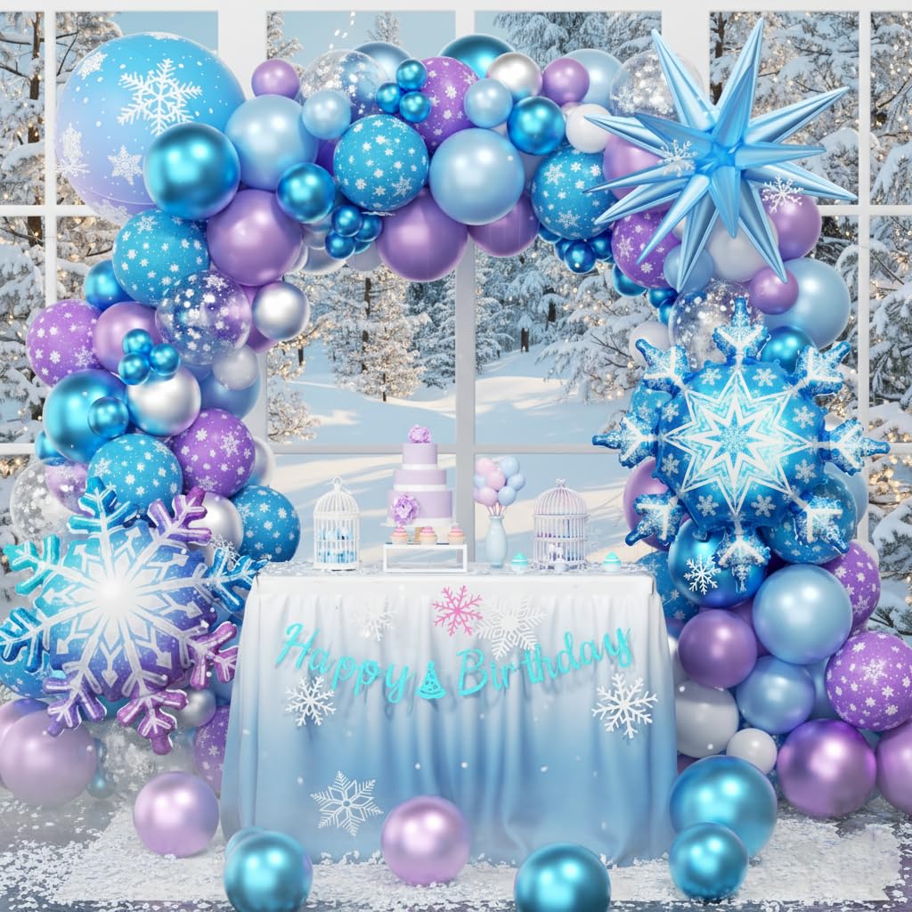 PTGOLUO Frozen Balloon Arch Garland Kit 220pcs, Blue Purple White Balloons with Fringe Curtain Snowflake Balloons Birthday Banner for Winter Wonderland Baby Shower Snow Princess Birthday Party Decor