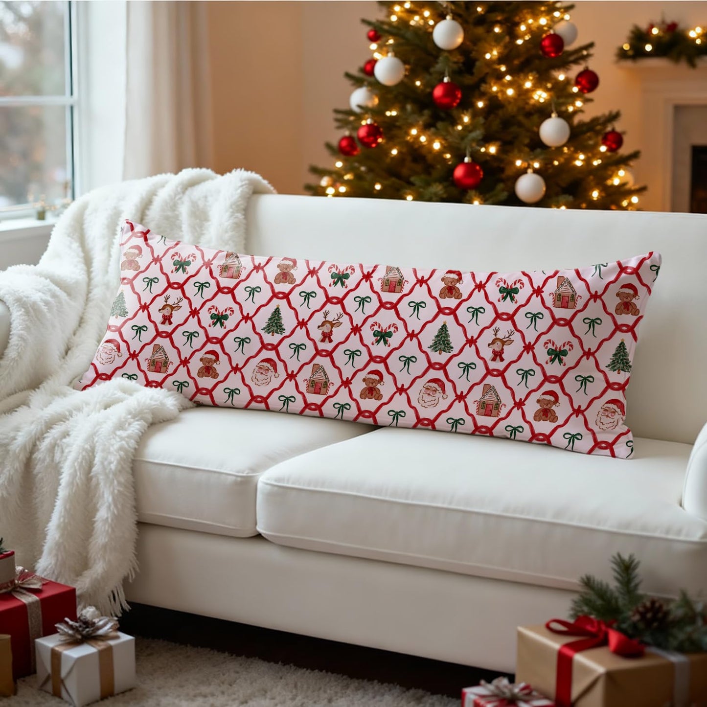 Mancheng-zi Red and Green Christmas Bow Trellis 20x54 Body Pillow Cover Pillowcase with Zipper, Coquette Christmas Decor, Retro Xmas Santa Reindeer Decorative Long Hug Pillow Cases for Bed Couch